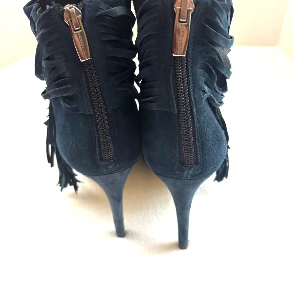 Vince Camuto‎ Navy Suede Leather Fringe Stiletto Heel Open Toe Booties (8)